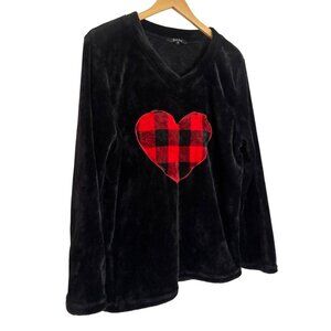 Just Love Black Fleece Pullover Red Buffalo Plaid Heart V Neck Top Sz XL